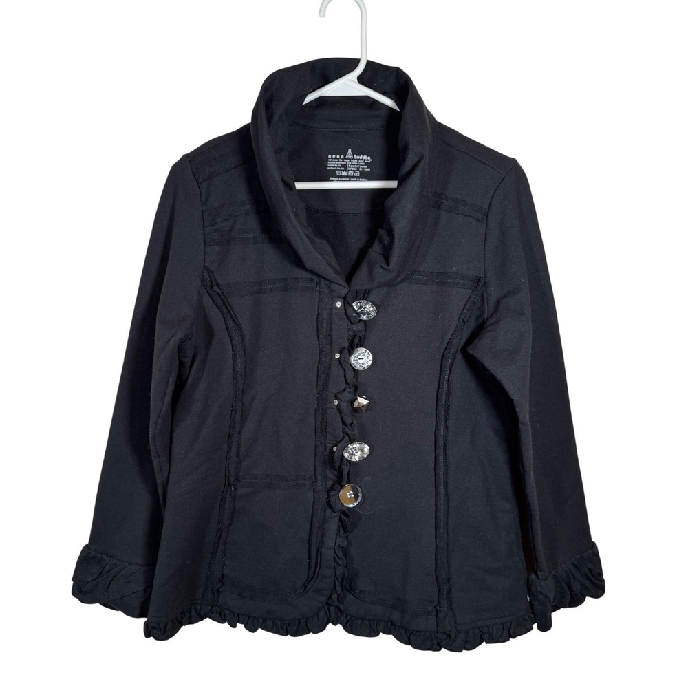 Neon Buddha Black Ruffle Decorative Button Up Jacket Raw Edge‎ Lagenlook Women M